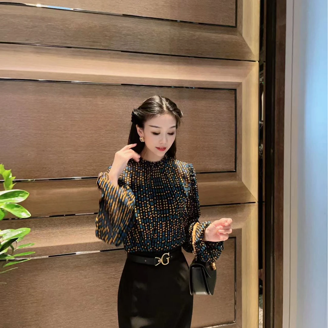 GIRDEAR/哥弟【摩斯密码】时尚波点长袖圆领绑带两件套衬衫1301039~