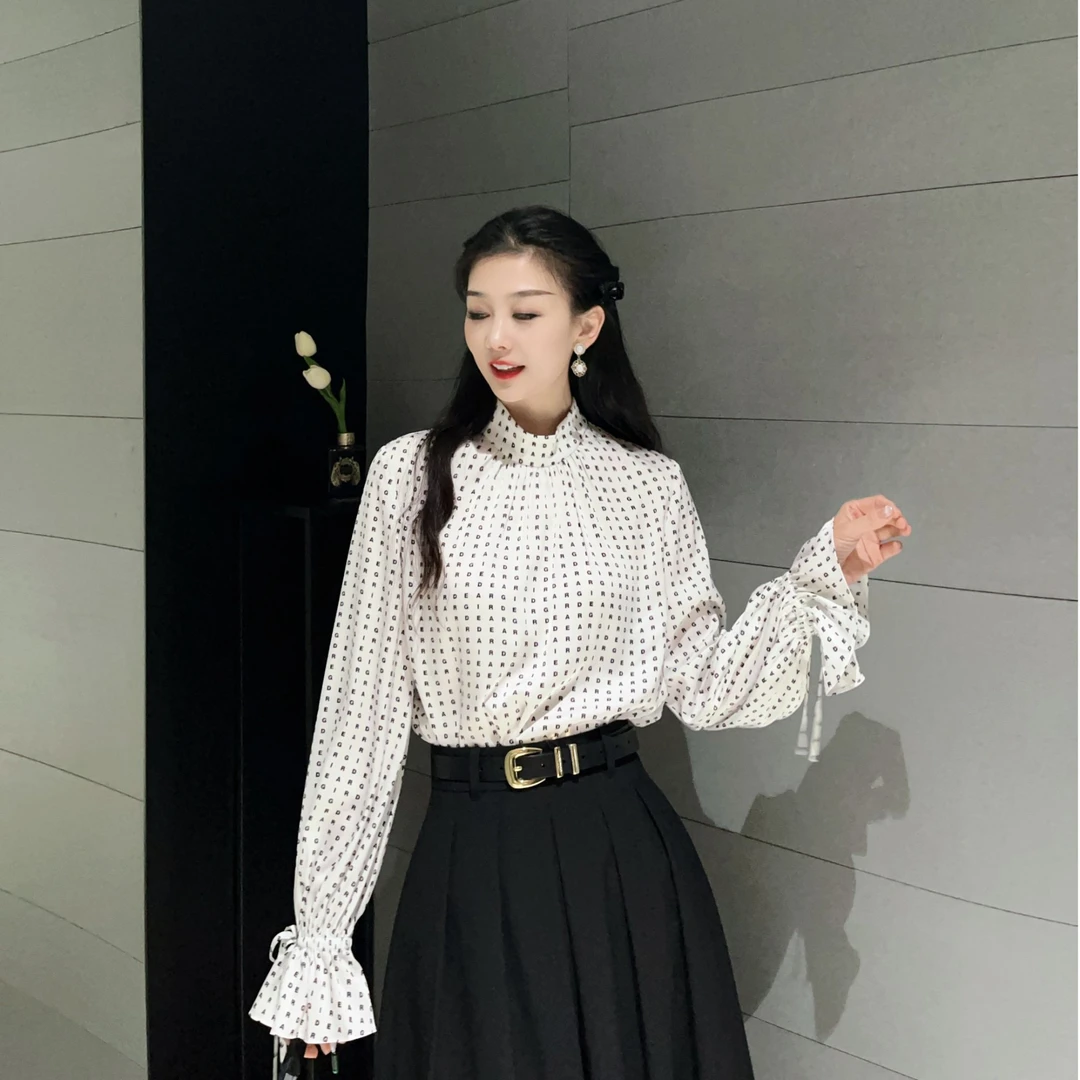 GIRDEAR/哥弟【罗马画报】法式设计感百搭字母长袖印花衬衫  130005