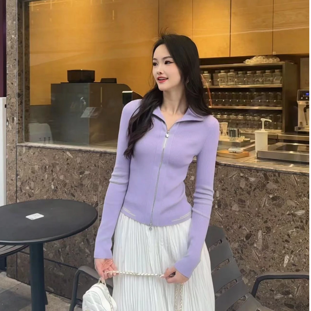 GIRDEAR/哥弟【风传花信】双拉链气质紫修身长袖针织衫外套 1499233