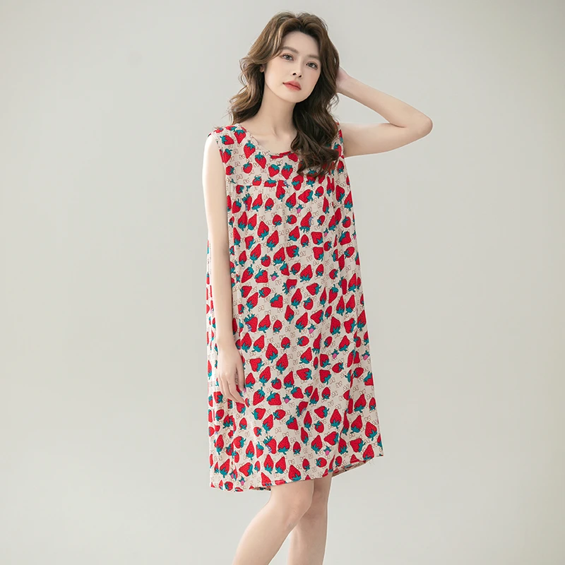 夏季无袖绵绸连衣裙显瘦甜美睡裙薄款休闲家居服睡衣妈妈装睡衣