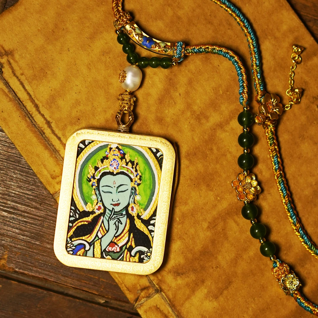 钛钢布艺吊坠 「扎基绿度」 双面方款 扎基拉姆绿度母 吊坠项链