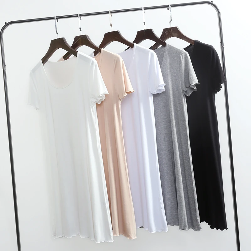 莫代尔大码女夏季短袖中长款短袖裙薄款纯色宽松打底内衬裙家居服