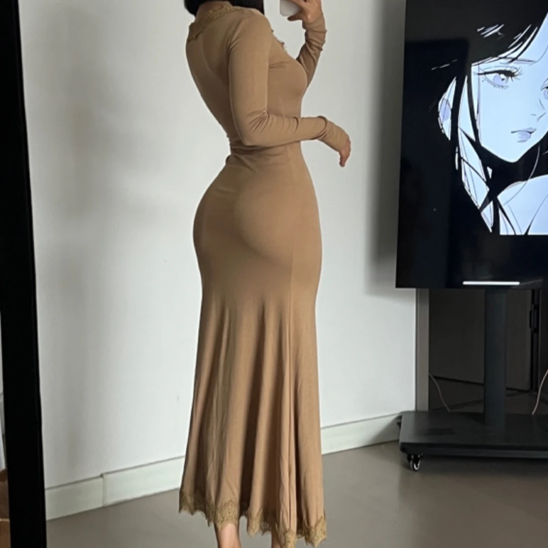 【lamerzgirl鱼尾包臀长裙】花边拼接款长款包臀裙秋季新款长裙