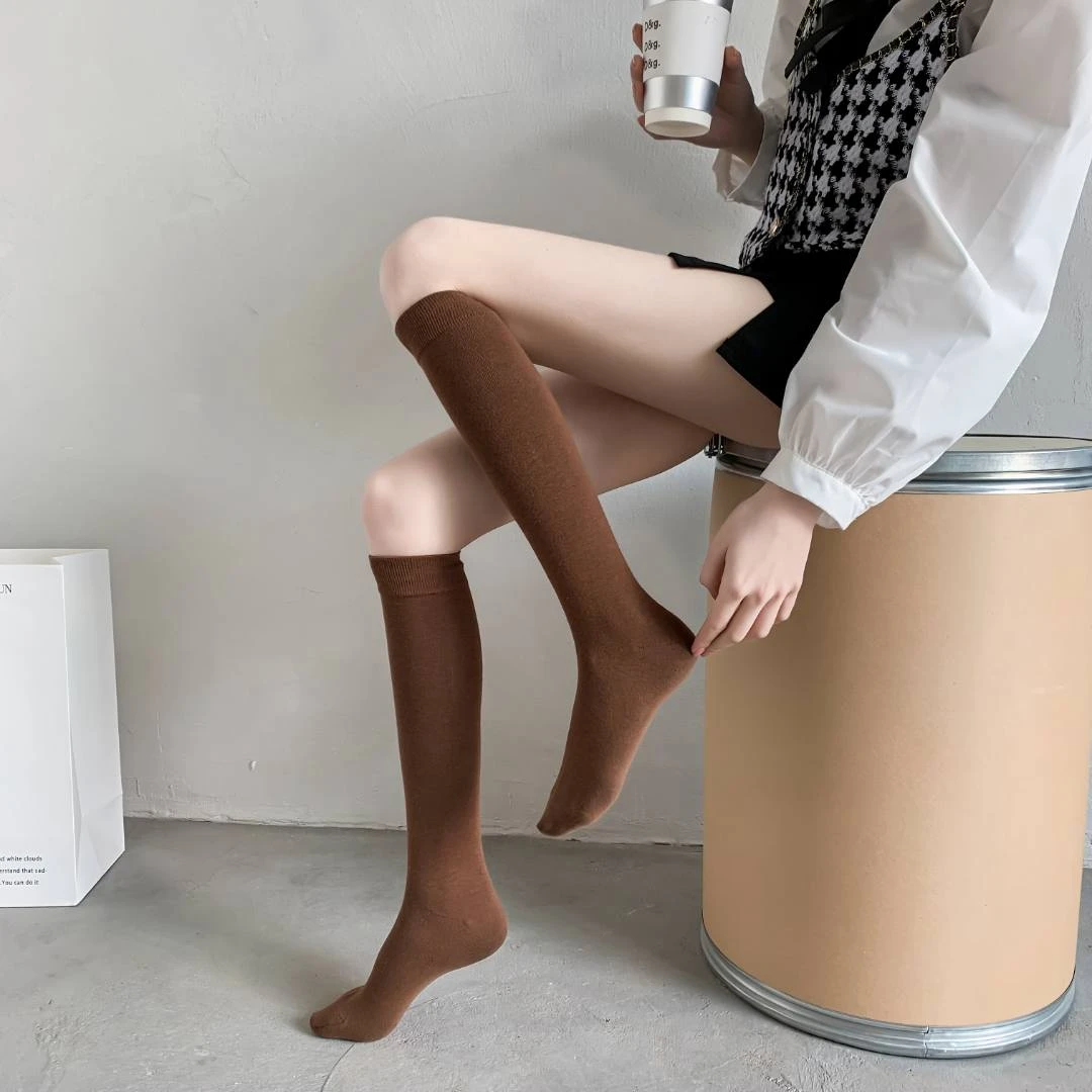 纯色小腿袜过膝袜女秋冬无骨缝合棉袜百搭JK学院风长筒袜显瘦长袜