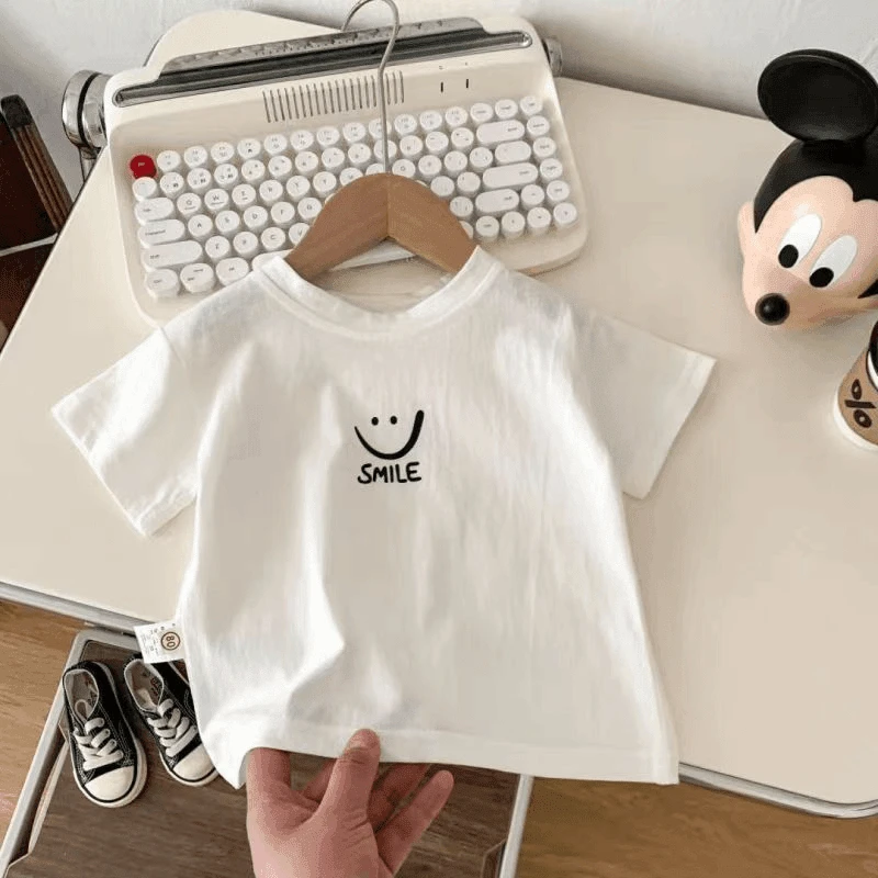 【100%纯棉】男女童短袖t恤儿童衣服韩版简约百搭上衣白色打底衫ins