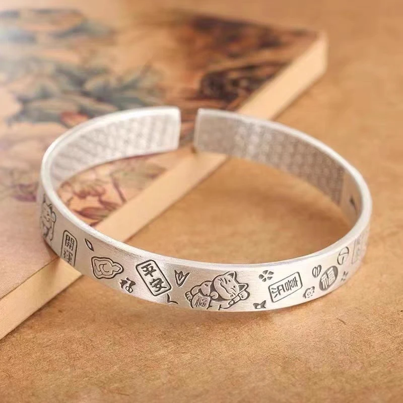 足银手镯 S9999足银手镯吉言平安喜乐手镯年轻国风复古福字可调节