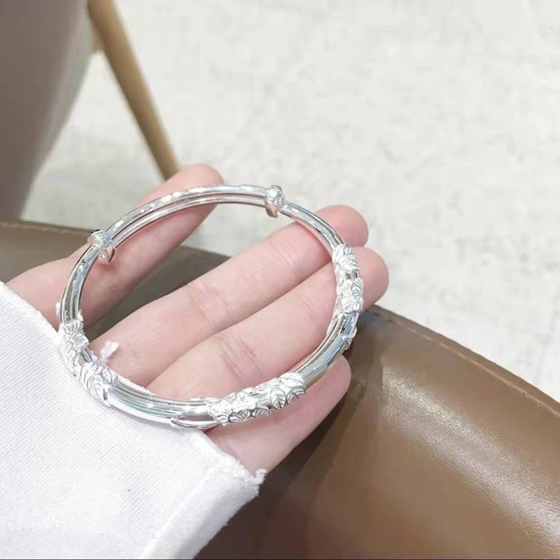 足银手镯 S9999足银手镯推拉繁花手镯简约时尚实心女镯子女友生日