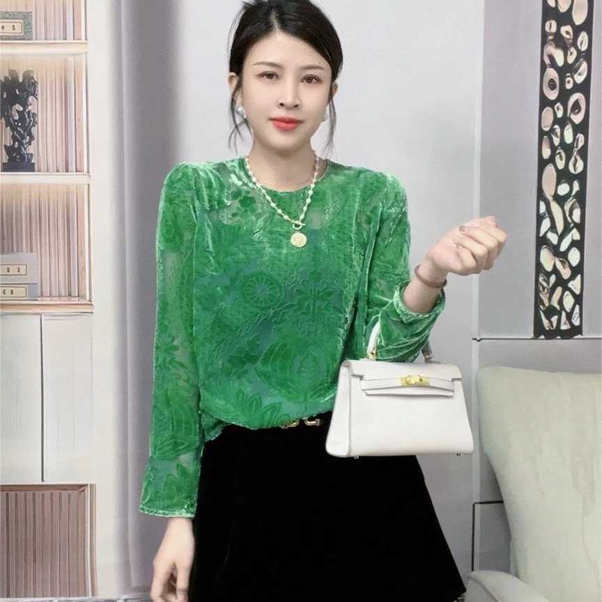 【南油慕慕】高级重工真丝烧花显瘦气质百搭打底镂空真丝丝绒上衣