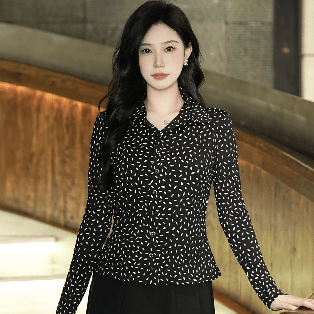 冬季爆款新款弹力修身欧纱气质印花显瘦长袖衬衫13