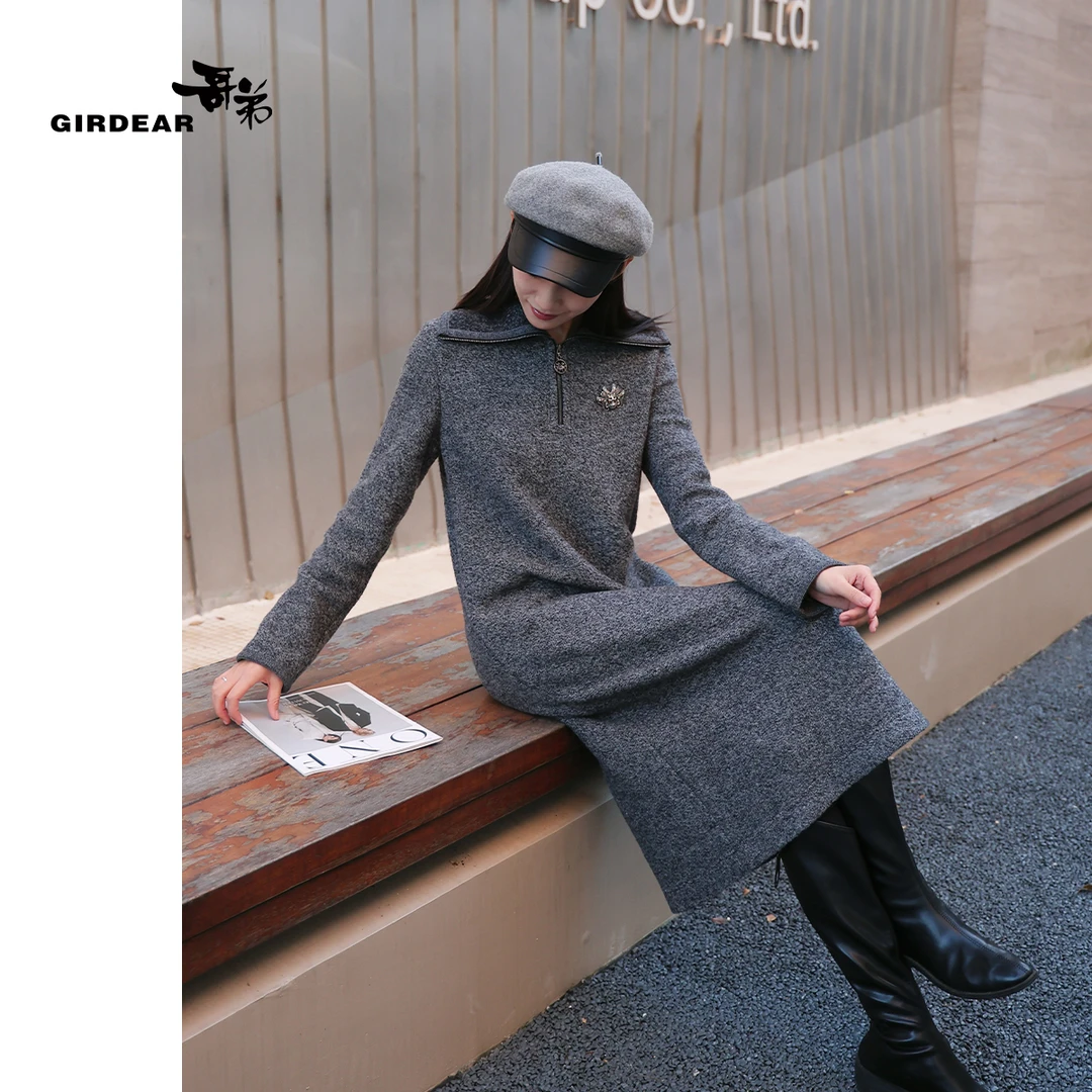 GIRDEAR/哥弟冬季爆款新款时尚洋气高级气质中长款连衣裙1500552