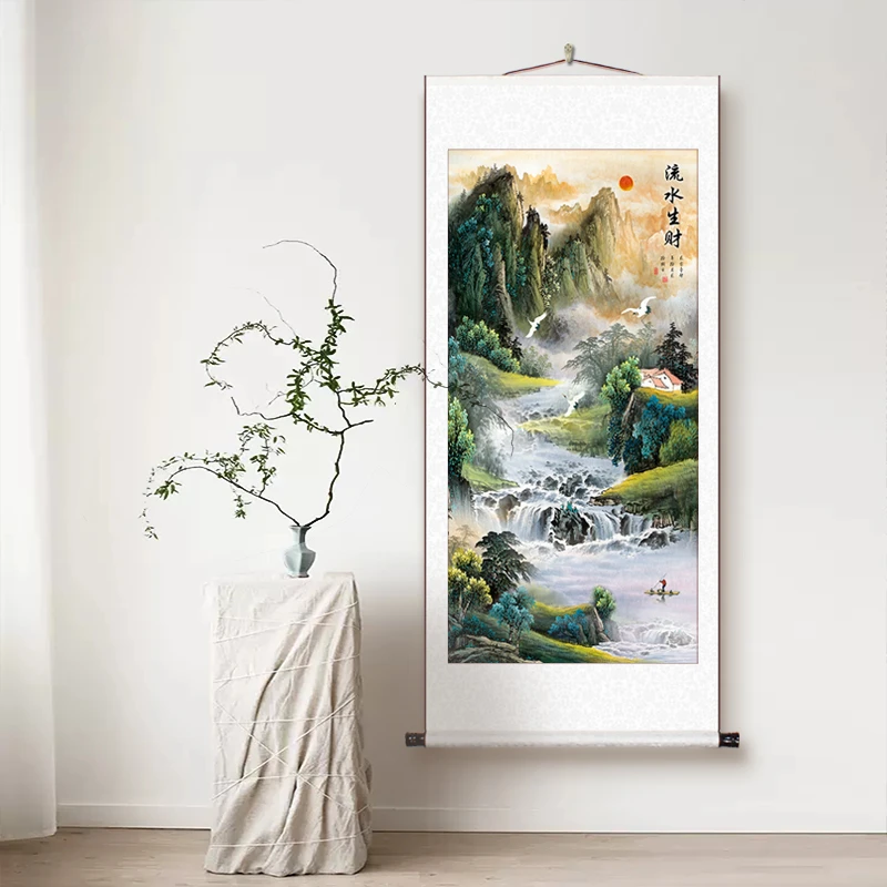 新中式高山流水手工装裱卷轴字画山水装饰画玄关书房客厅挂画