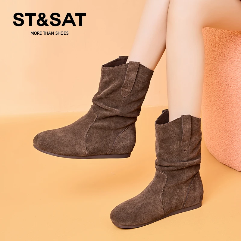 星期六复古简约短靴女2025新款春夏爆款真皮显瘦平底时尚堆堆靴Z