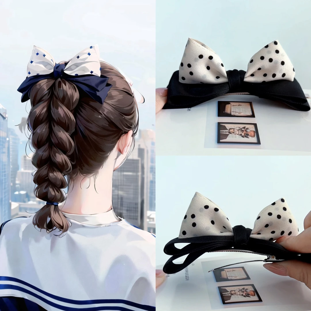 复古波点拼色蝴蝶结发饰女童发夹女后脑勺气质顶夹高级感儿童头饰