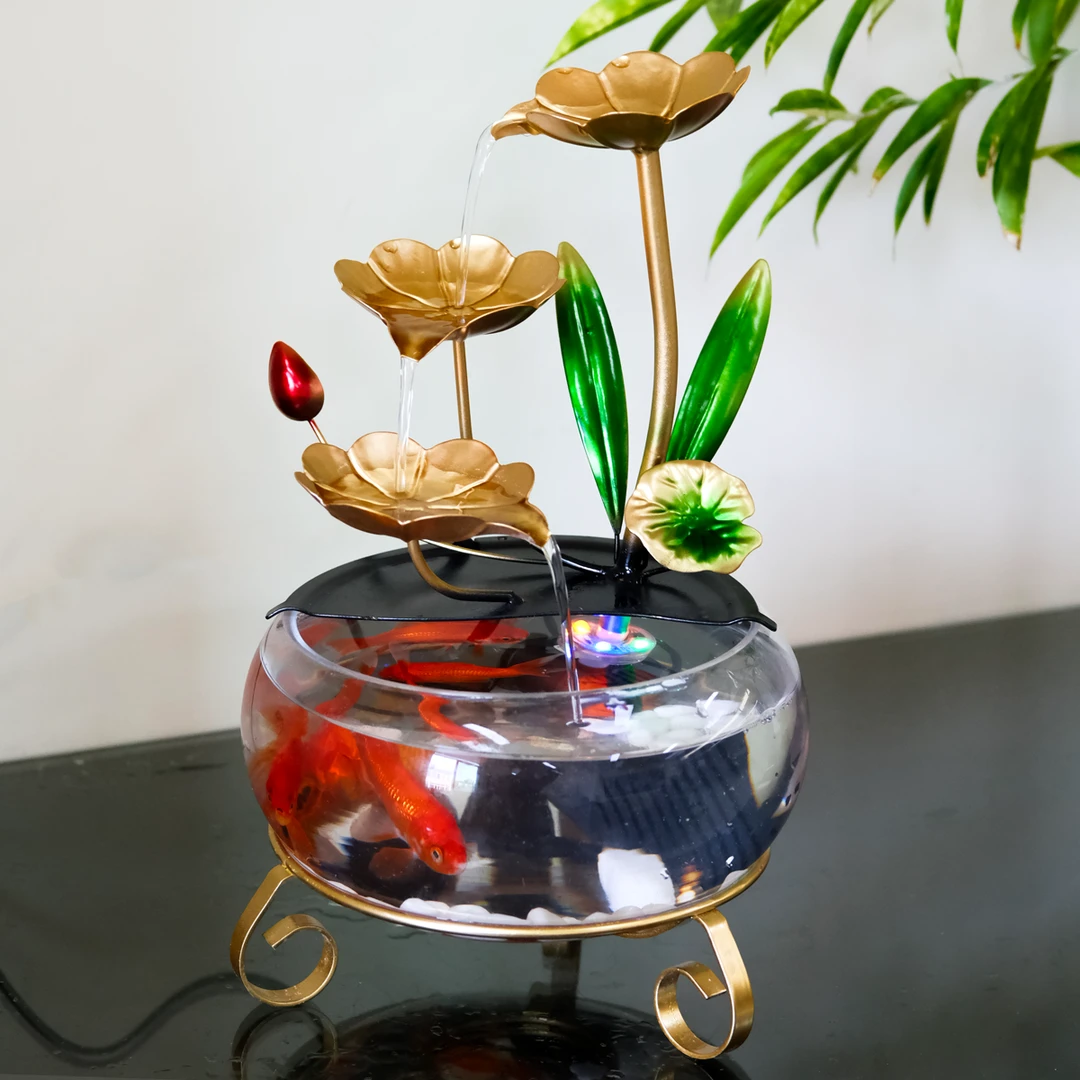匠六中式金色客厅三层流水摆件精品摆件循环水电视柜鱼缸设计宝贝