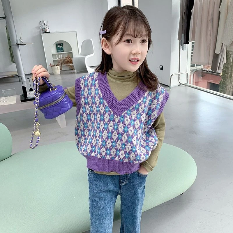 女童针织马甲2023春秋季新款儿童宝宝韩版洋气菱形格套头毛衣背心
