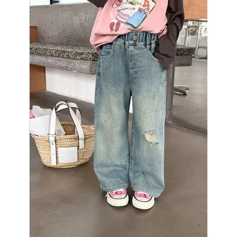 女童韩版时髦破洞牛仔裤2025春秋新款宝宝裤子儿童复古做旧直筒裤