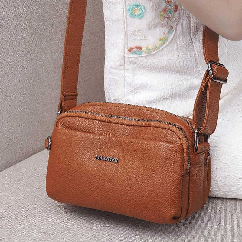 玛茜皮尔品牌正品真皮女包新款多层拉链实用牛皮妈妈包单肩斜挎包