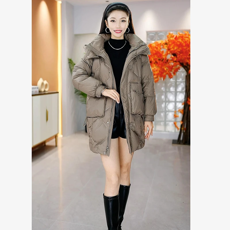 潮流时尚白鹅绒羽绒服女2023款冬装气质中长款连帽保暖修身