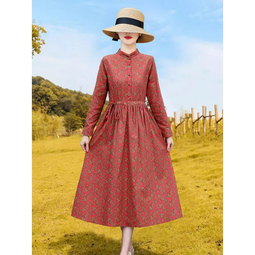 1009# 早秋长袖棉麻连衣裙2024新款洋气减龄显瘦气质女装碎花裙子