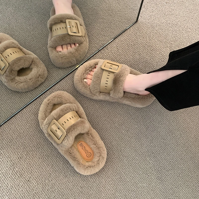 时尚一字式拖鞋女外穿2023年秋冬新款高级感松糕毛毛鞋厚底棉拖鞋