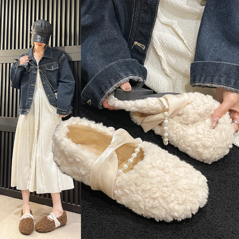 法式温柔复古珍珠单鞋女2023年秋季新款软底豆豆鞋圆头平底乐福鞋