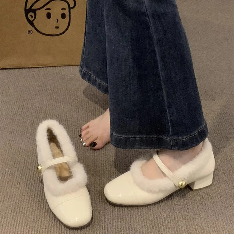 软底毛毛鞋女冬外穿女鞋子2023新款方头玛丽珍单鞋加绒保暖棉鞋