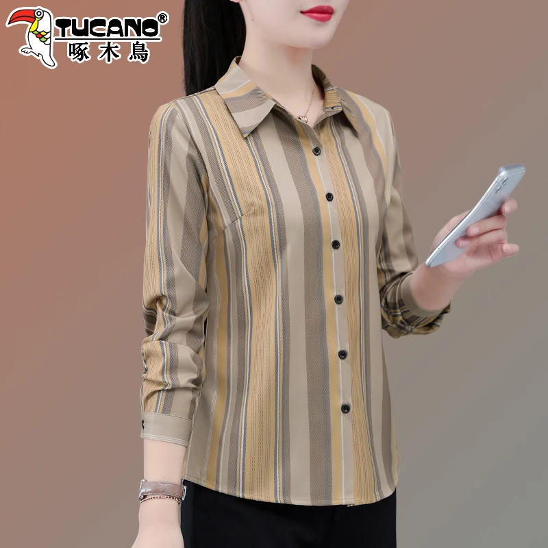 【官方】啄木鸟条纹衬衫女春秋新款妈妈洋气长袖衬衣女式中老年上衣