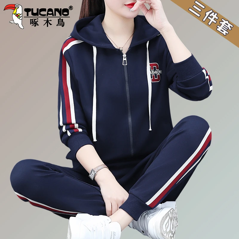 【官方】啄木鸟春秋运动套装女新款开衫卫衣外套中年妈妈休闲三件套