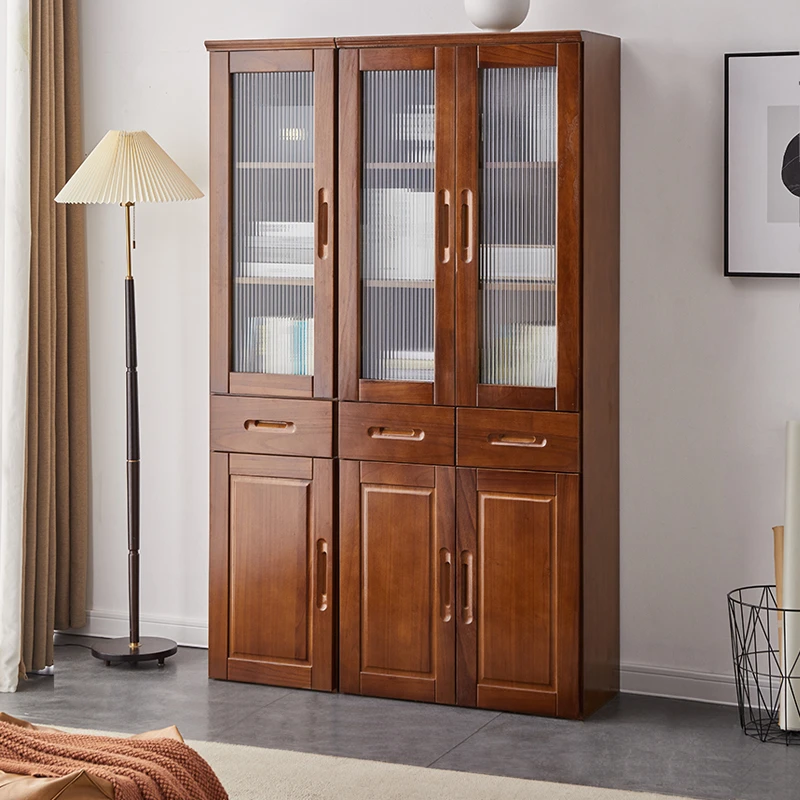 实木书柜带玻璃门客厅展示柜立柜窄柜自由组合书架储物柜置物柜子