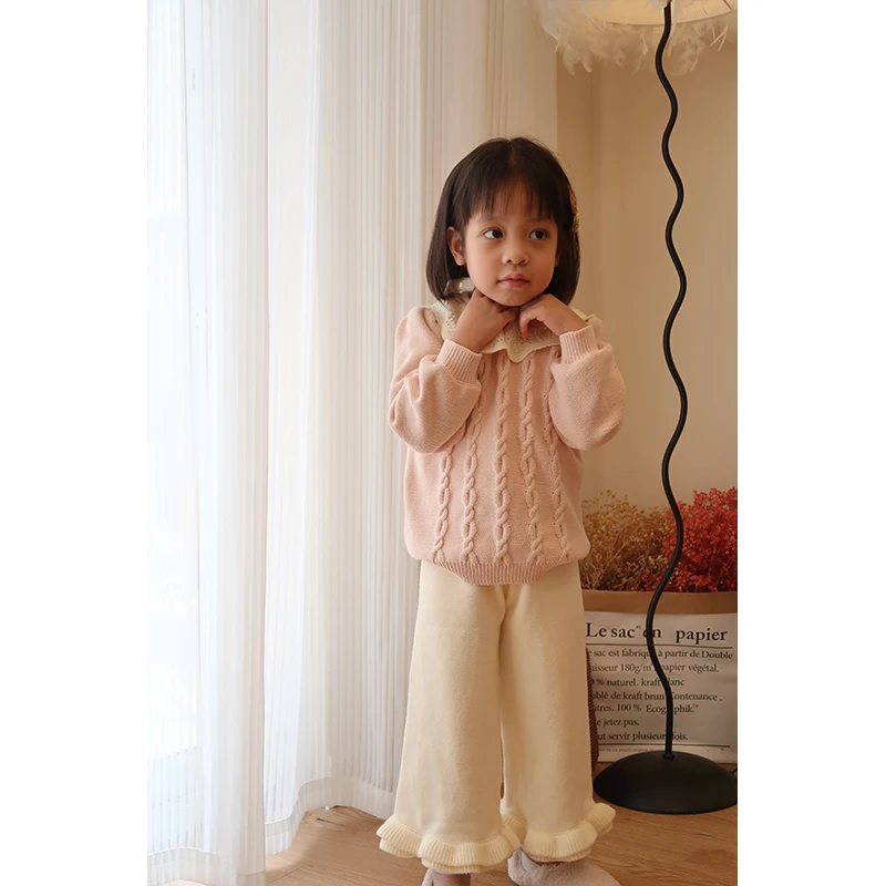AnyinGirl渐变丁达尔风中小女宝宝翻领粉色针织上衣裤子两件套
