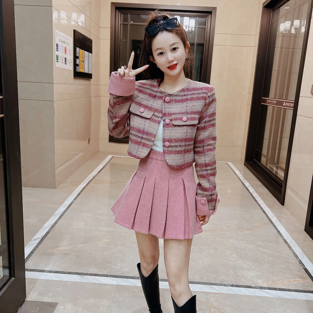 小香风套装裙女秋冬季复古法式短款夹棉格纹外套高腰百褶裙两件套
