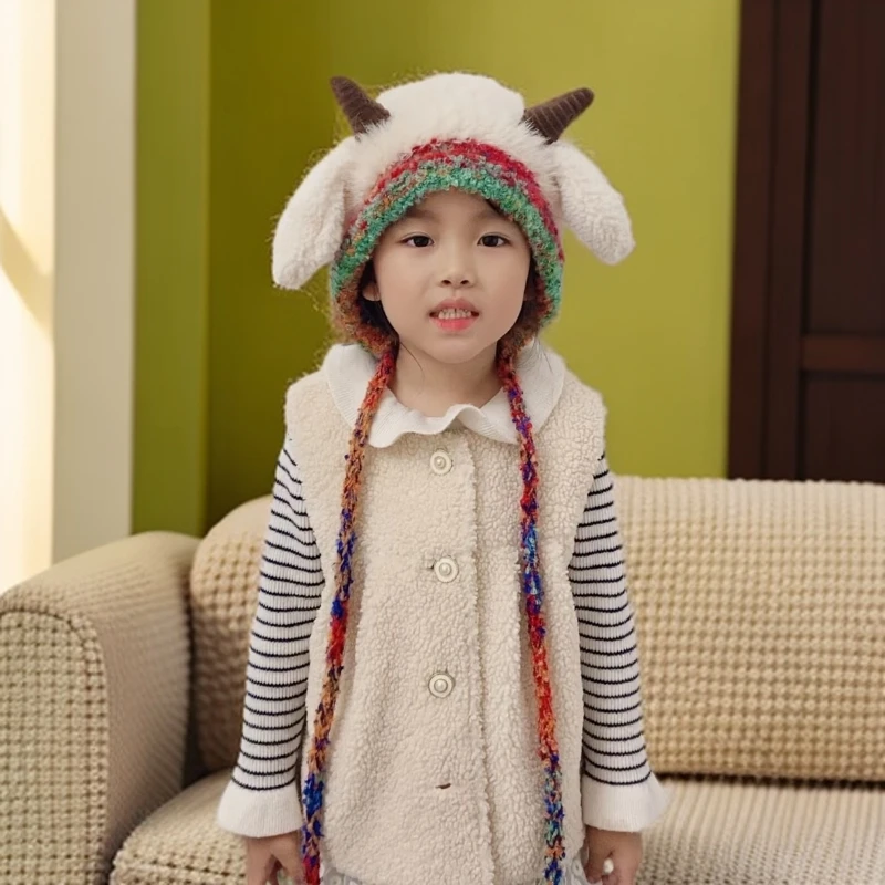 2-3-4-5-6岁7儿童男宝女宝小孩可爱小羊加绒厚保暖护耳套头帽子冬