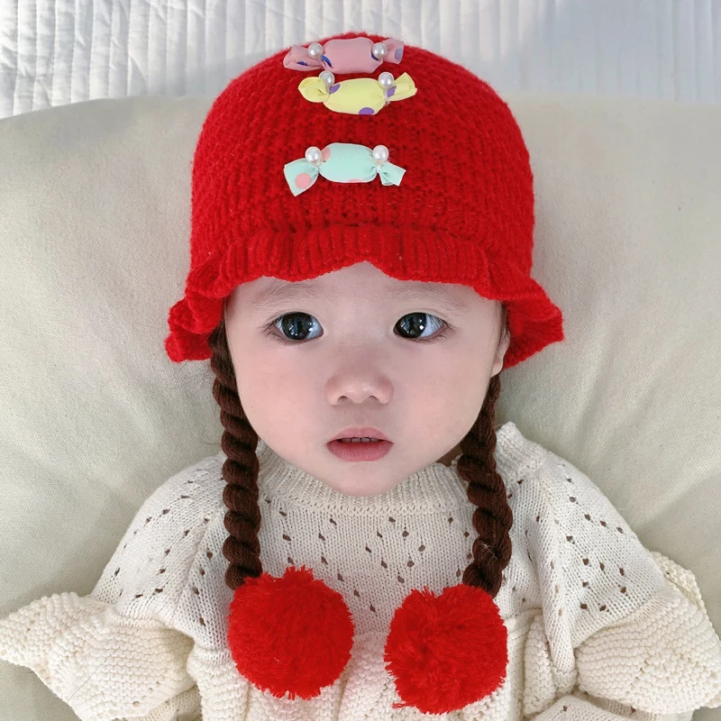 儿童婴儿女宝宝冬甜美可爱假发辫子公主毛线帽百天周岁新年红色帽