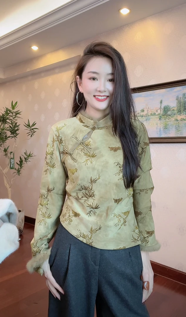 新中式气质显瘦洋气立领拼兔毛加绒加厚打底上衣