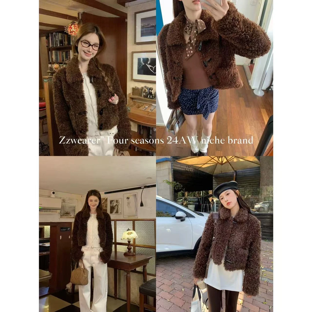 Zzwearer”甜甜的牛角包包24316卷卷毛氛围感毛毛外套