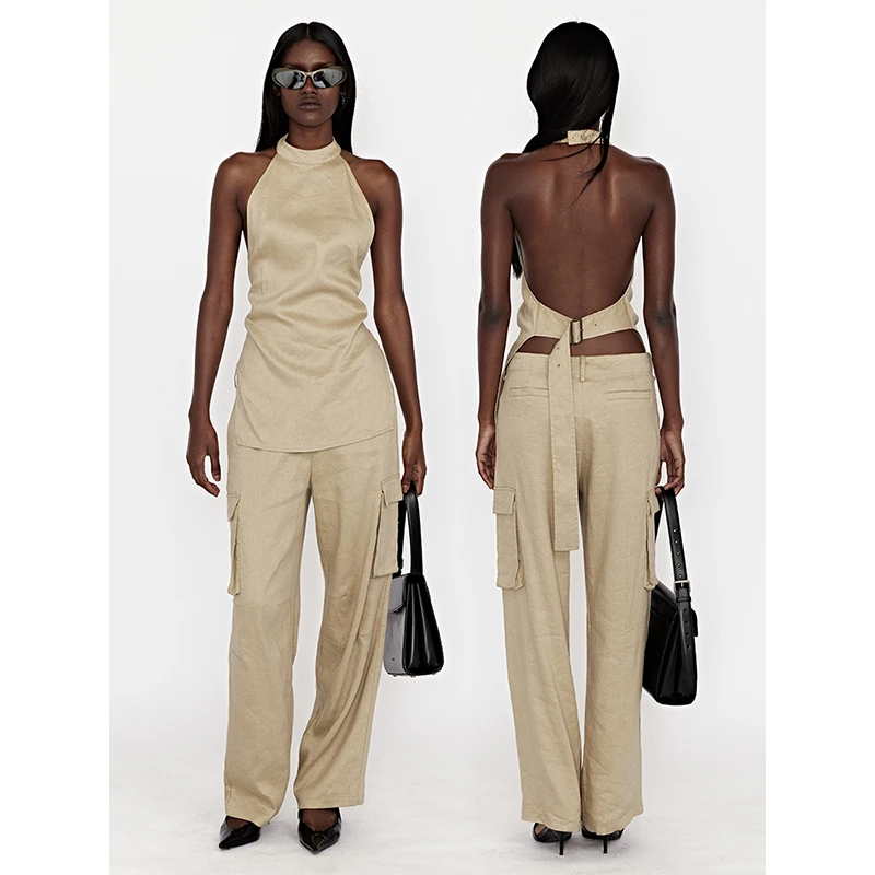 WEARABLE EVENT亚麻挂脖露背上衣  Linen halter neck top