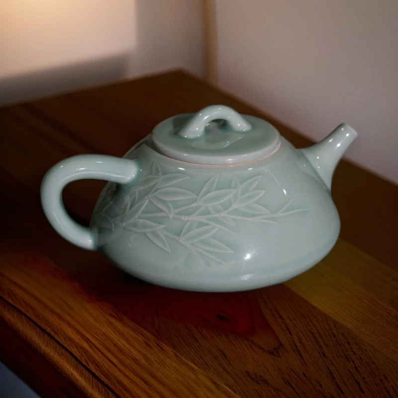 【长安知己】耀州窑天青秘色青瓷陶瓷茶具茶道中式浮雕竹子石瓢茶壶