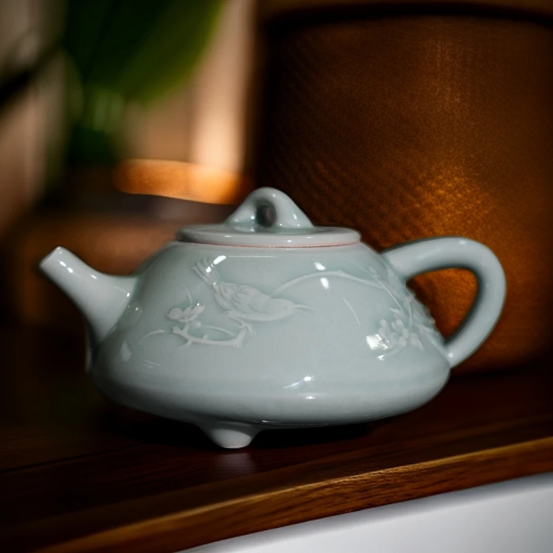 【长安知己】耀州窑天青秘色青瓷陶瓷茶具茶道浮雕喜上眉梢石瓢茶壶