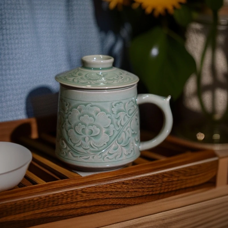 长安知己耀州窑青瓷手工刻花牡丹盖杯茶具老板茶漏办公杯350ml