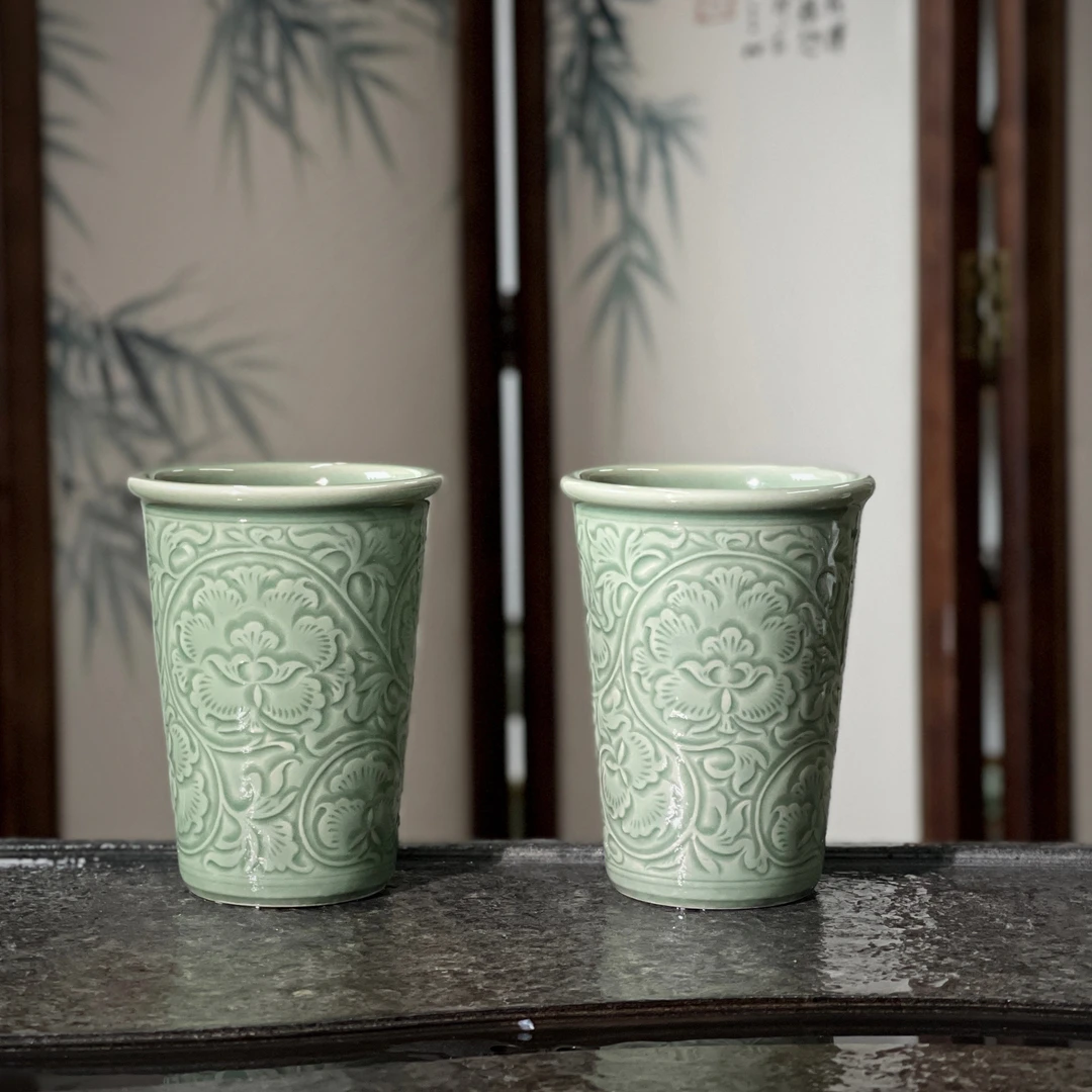 【长安知己】300ml刻花牡丹可乐杯耀州窑天青秘色陶瓷茶杯啤酒杯