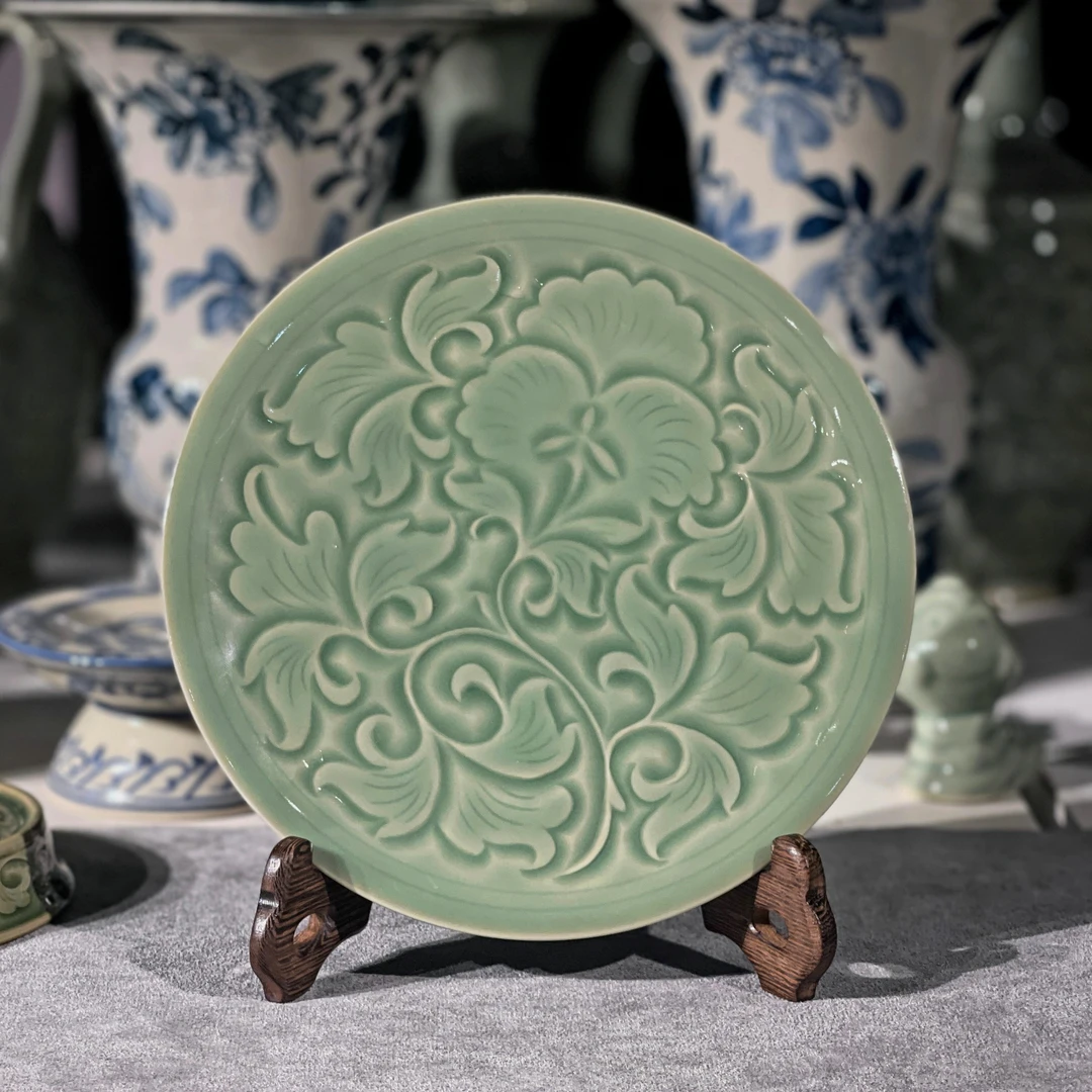 长安知己耀州窑原矿高温青瓷复古茶盘中式家用牡丹壶承盘点心盘