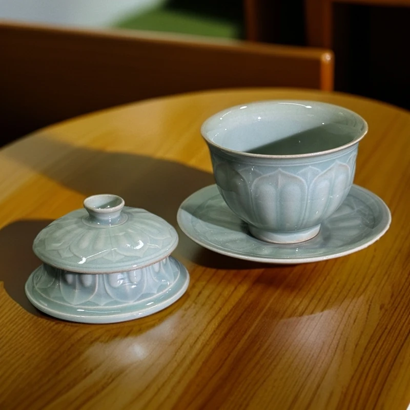 【长安知己】耀州窑天青秘色青瓷中式茶具天青陶瓷莲瓣小盖置杯托