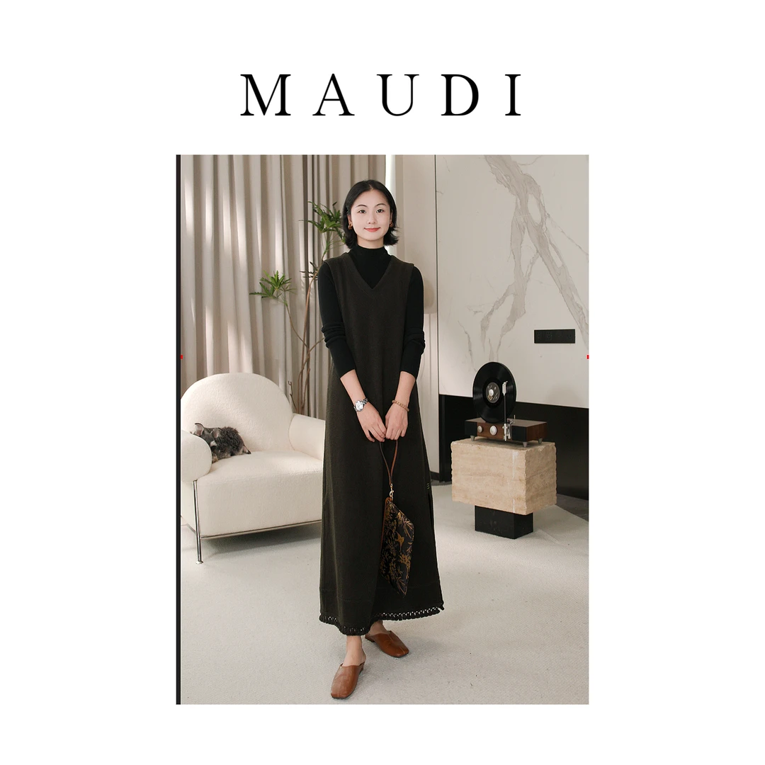 MAUDI【气韵美人 澳毛连衣裙 】秋冬澳洲羊毛优雅流苏连衣裙6622