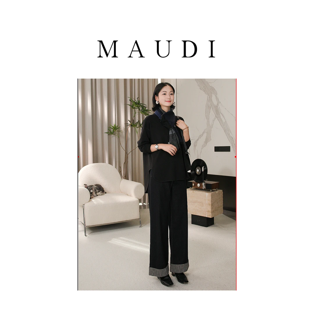 MAUDI【简约美学 直筒裤】简约条纹卷边宽松慵懒气质直筒阔腿裤6624