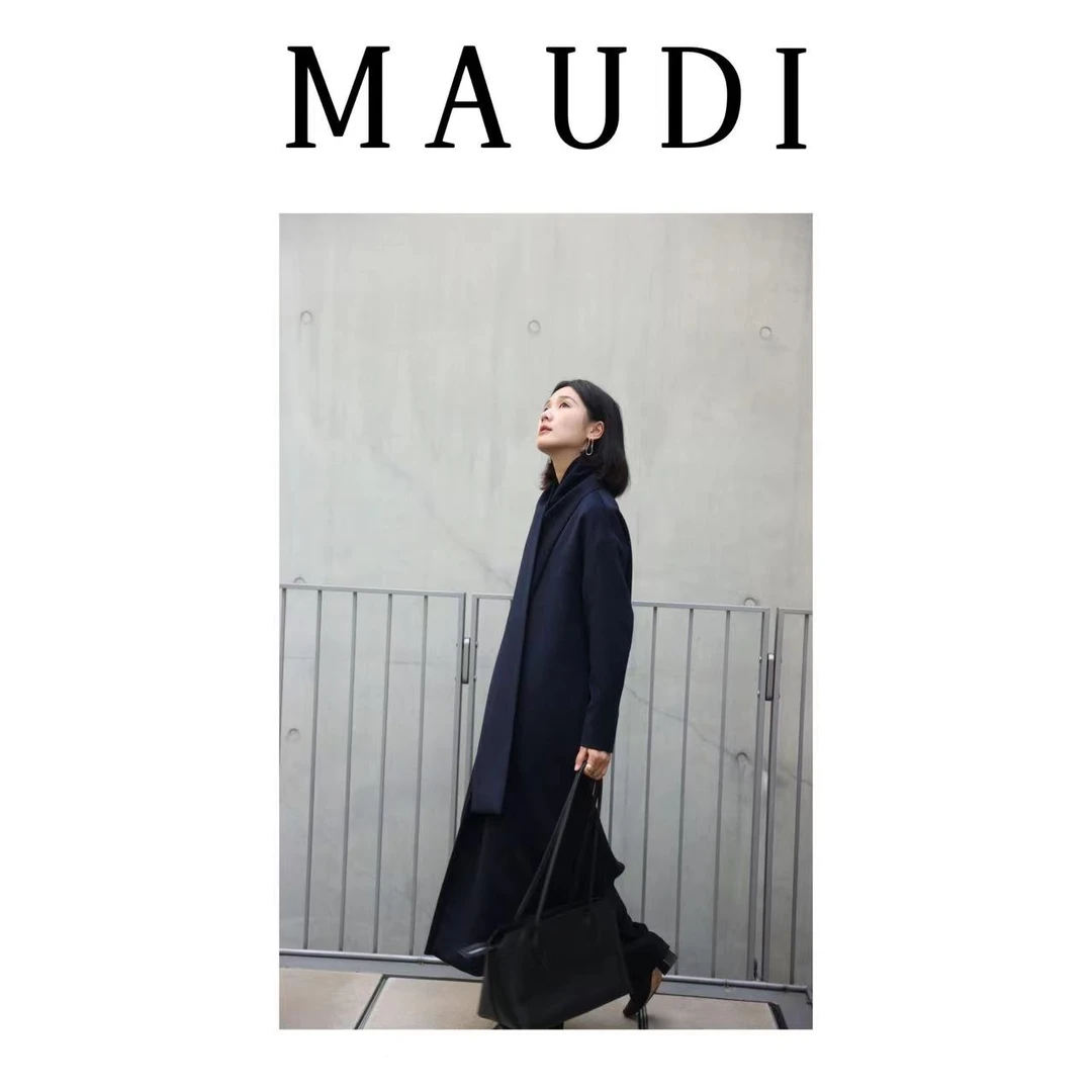 MAUDI丹麦羊绒羊毛秋冬新款小众设计长款气质黑色围巾大衣C051