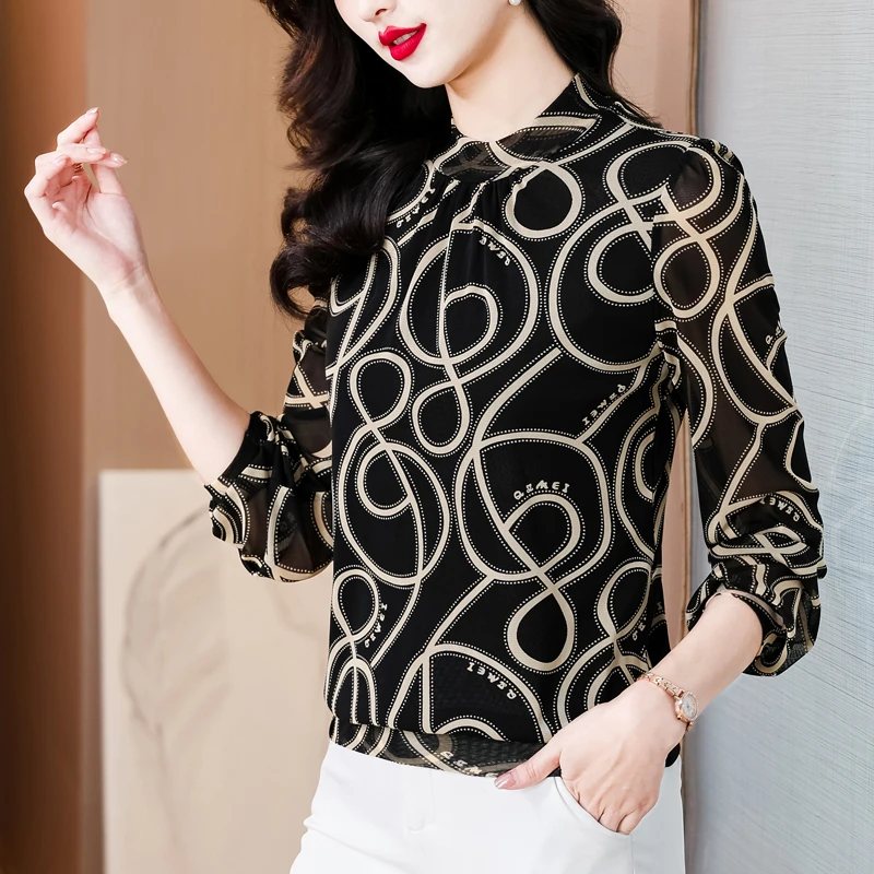 2025春季新款长袖打底衫女时尚洋气显瘦套头上衣气质印花妈妈装