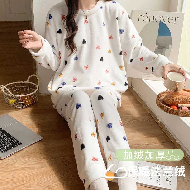 艾唯绅法兰绒睡衣女款秋冬季简约加绒保暖圆领长袖长裤家居服套装