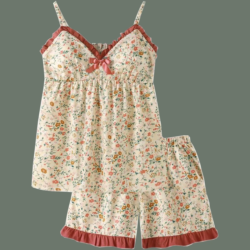 艾唯绅复古碎花睡衣女2024年新款夏季带胸垫吊带短裤女士家居服