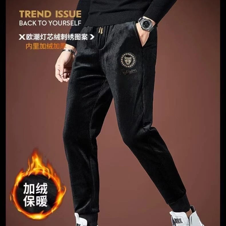 工厂店灯芯绒2023年男装冬款新品豹头刺绣轻奢高品质九分裤束脚裤