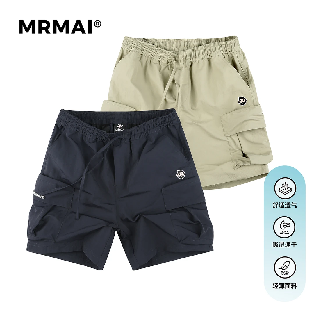 MRMAI CHILL系列刺绣LOGO夏季藏青卡其中裤速干格纹工装口袋短裤